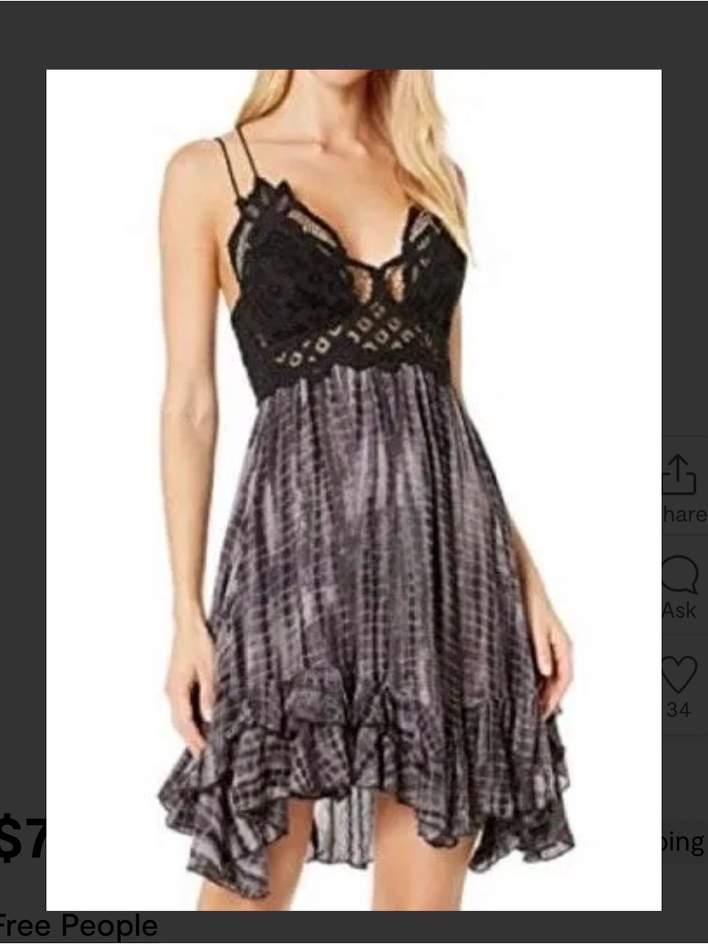 Free People Adella Black Lace Bodice Tie-Dye Slip Dress